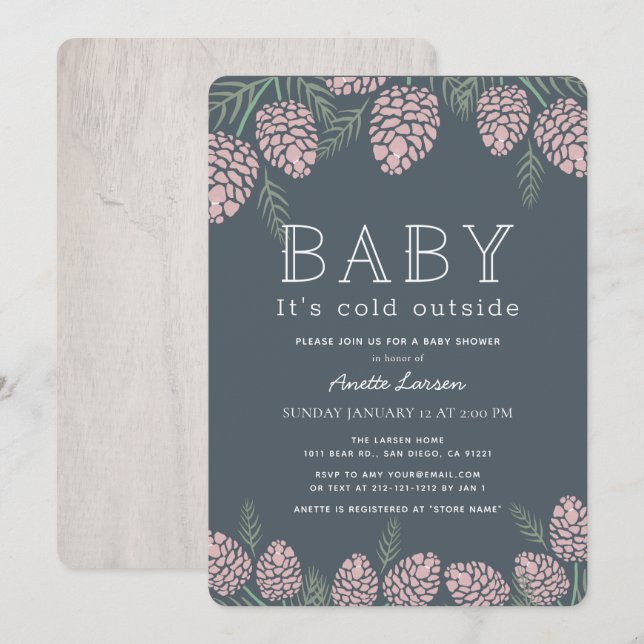 Baby dess Kall Rosa Gräs Cone Navy Baby Shower Inbjudningar (Fram/baksida)