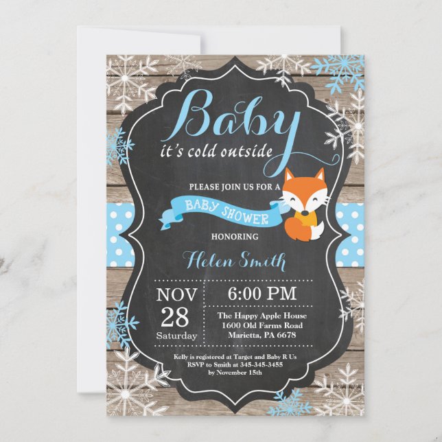 Baby dess Kall utanför Blue Fox Boy Shower Inbjudningar (Framsida)