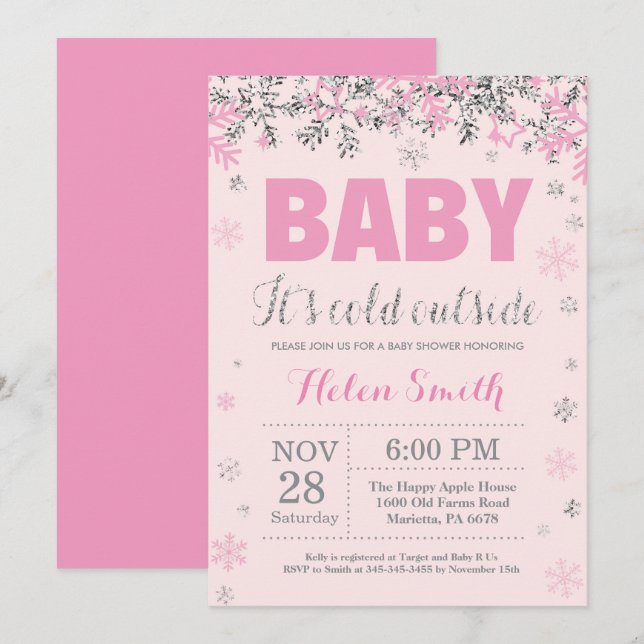 Baby dess Kall utanför Rosa Silver Girl Baby Showe Inbjudningar (Fram/baksida)