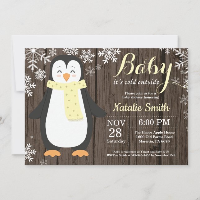 Baby dess Kall utanför Rustic Penguin Babyskor Inbjudningar (Framsida)