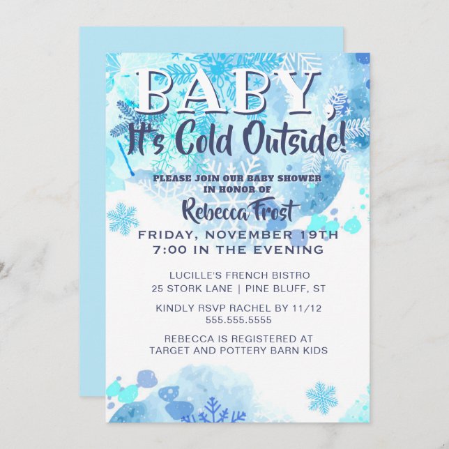 Baby dess Kall utanför Snöflingor Blue Shower Inbjudningar (Fram/baksida)