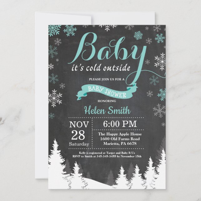 Baby dess Kall utanför Vinter Aqua Baby Shower Inbjudningar (Framsida)