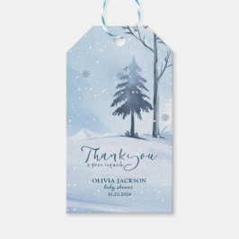 Baby dess kall utanför vinterduschen för snöflingo presentetikett