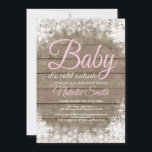 Baby dess Kall utanför vintersnöslussbältesskudde  Inbjudningar<br><div class="desc">Baby: Kallet utanför Winter Snowflake Baby Shower-inbjudan. Bjud in för barn. Rosa. Winter Helgdag Baby Shower Inbjudan. Vit Snöflingor. Rustic Wood Background. Land Vintage Retro Barn. Om du vill göra ytterligare anpassningar klickar du på knappen "Anpassa" och användor verktyg som är utformat för att ändra mallen.</div>