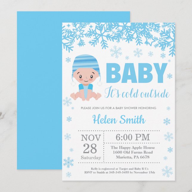 Baby dess Kall utanför Winter Blue Boy Shower Inbjudningar (Fram/baksida)