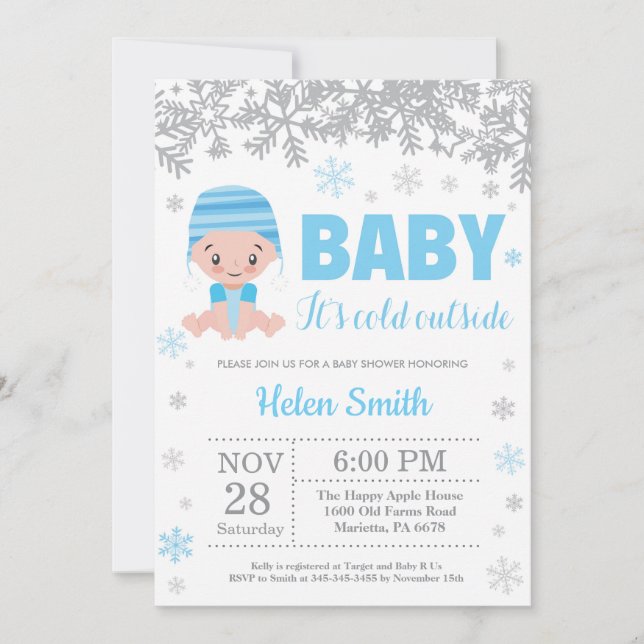 Baby dess Kall utanför Winter Blue Boy Shower Inbjudningar (Framsida)