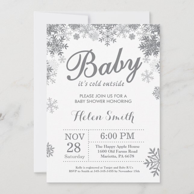 Baby dess Kall utanför Winter Grått Baby Shower Inbjudningar (Framsida)