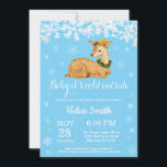 Baby dess Kall utanför Winter Hjort Boy Shower Inbjudningar<br><div class="desc">Baby dess Kall utanför Vinterbesöket för babyskor för Hjort. Vit snöflummel. Bjud in barn eller flicka. Winter Helgdag Baby Shower Inbjudan. Blåbakgrund. Om du vill göra ytterligare anpassningar klickar du på knappen "Anpassa" och användor verktyg som är utformat för att ändra mallen.</div>