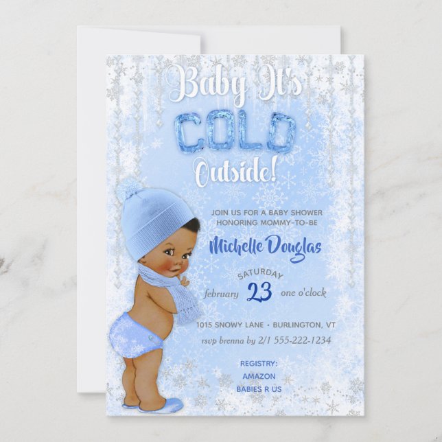 Baby Det är Kall Snowflake Blue Ethnic Boy Shower Inbjudningar (Framsida)