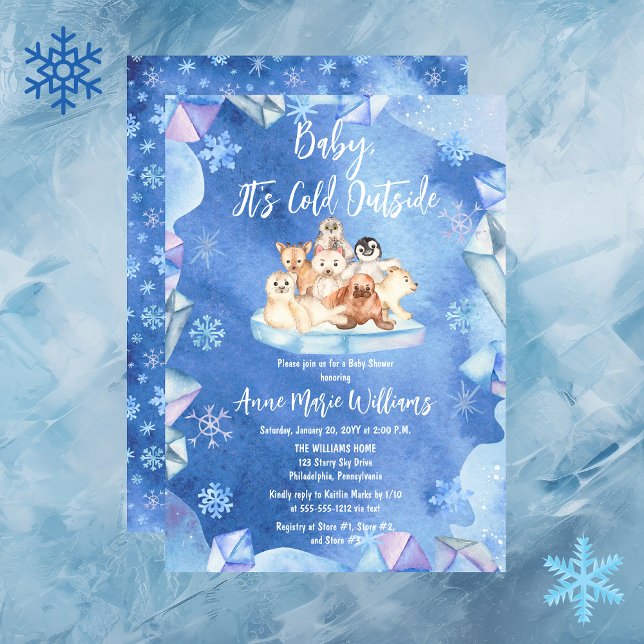 Baby Det är Kall utanför arktiska djur, babyskor Inbjudningar ("Baby, It's Cold Outside" Arctic Animals on Iceberg Winter Boy Baby Shower Invitation)