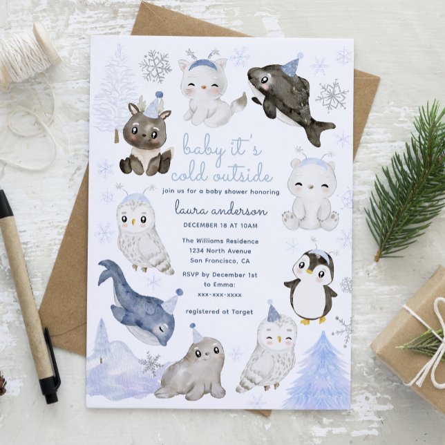 Baby Det är Kall utanför arktiska djur, babyskor Inbjudningar (Winter Wonderland Baby It's cold Outside Card with blue watercolor animals. Image from freepik)
