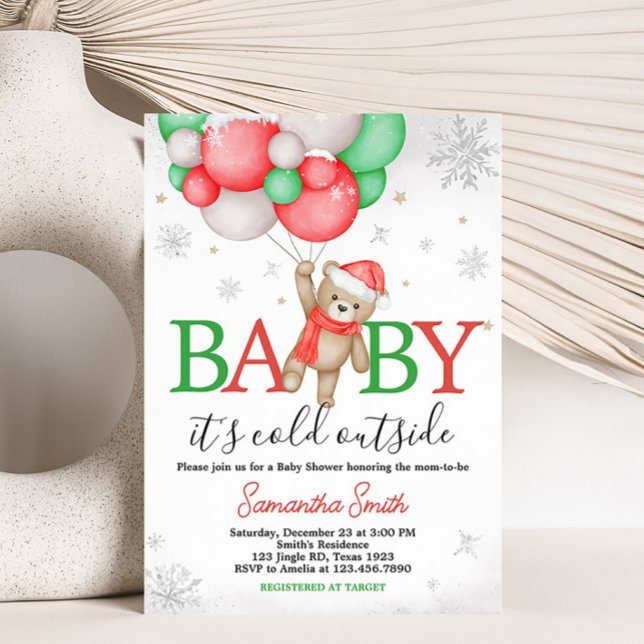 Baby Det är Kall utanför Bear Balloon Baby Shower Inbjudningar (Christmas Santa Bear Baby Shower Invitation)
