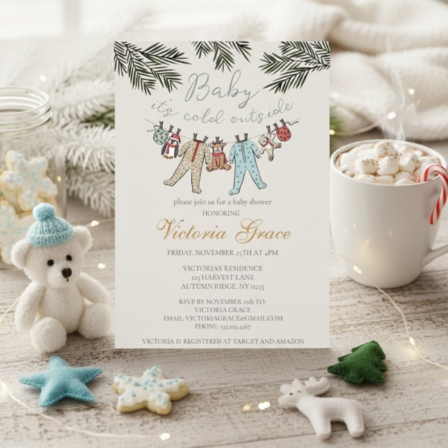 Baby Det är Kall utanför könsuppehåll för spädbarn Inbjudningar (Cute Baby It's Cold Outside Winter Baby Shower Invitations. Xmas Baby Pajamas, Stuffed Animals, Pine)