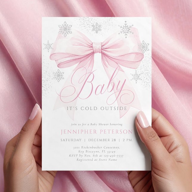Baby Det är Kall utanför Rosa Bow Winter Baby Show Inbjudningar (Skapare uppladdad)