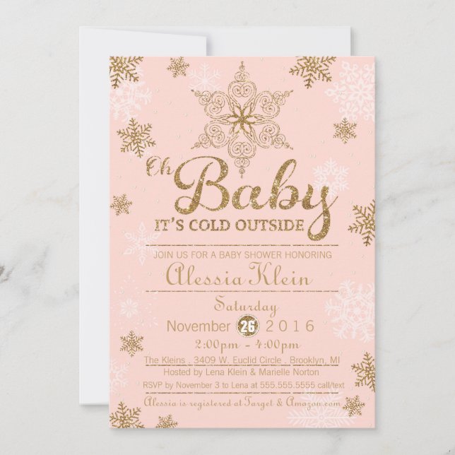 Baby Det är Kall utanför, Rosa och Guld babyskor Inbjudningar (Framsida)