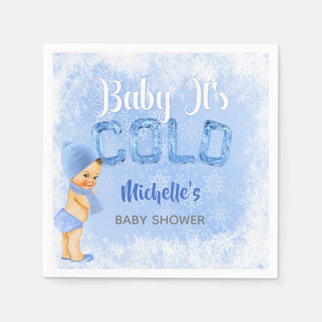 Baby Det är Kall Winter Snowflake Blue Boy Shower Pappersservett (Framsidan)