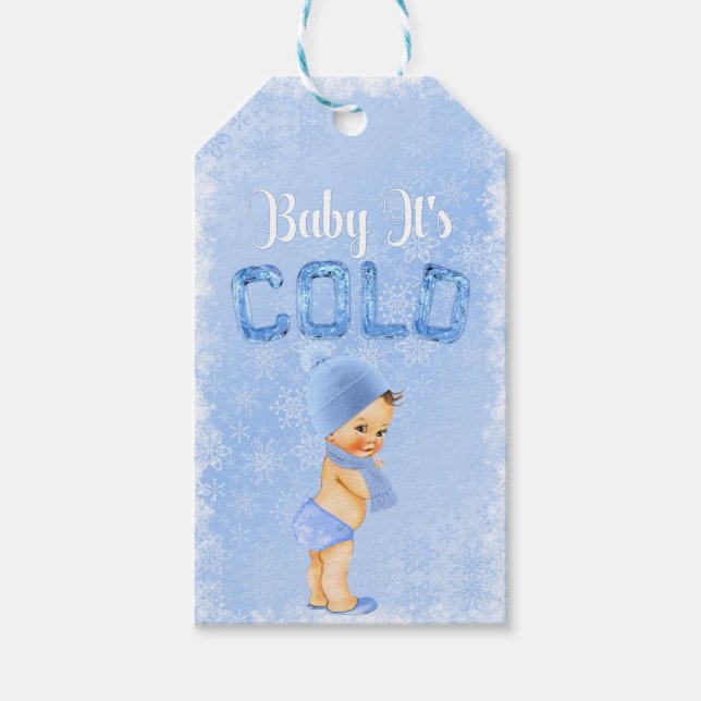 Baby Det är Kall Winter Snowflake Blue Boy Shower Presentetikett (Framsidan)
