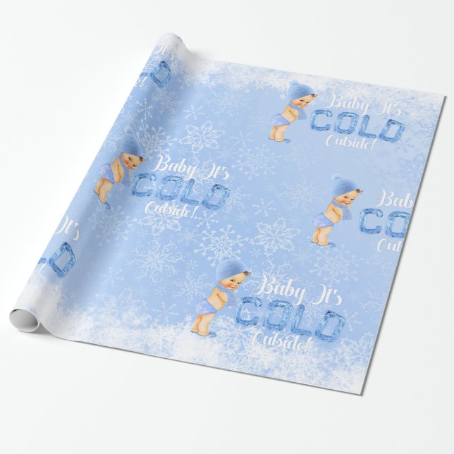 Baby Det är Kall Winter Snowflake Blue Boy Shower Presentpapper (Utrullad)