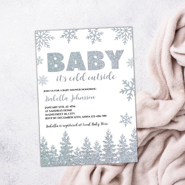Baby Det är Kallet utanför babyskabinka för Glitte Inbjudningar (winter wonderland baby shower invitation silver glitter woodland)