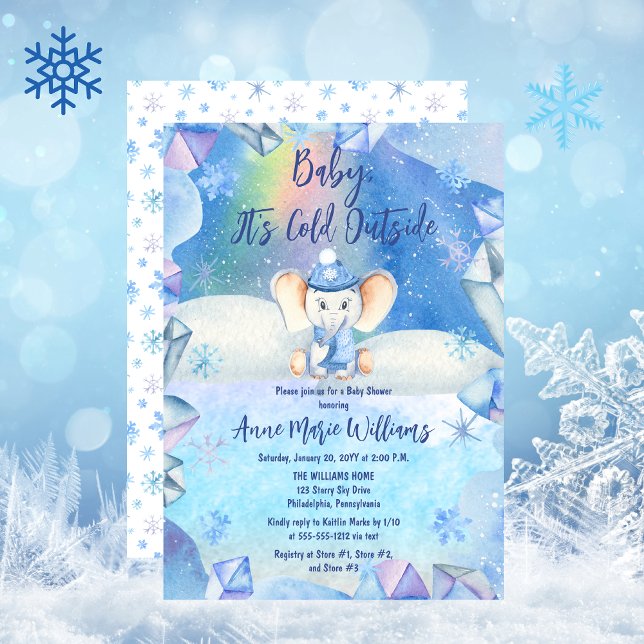 Baby Det är Kallet utanför Elephant Baby Shower Inbjudningar ("Baby, It's Cold Outside" Cute Elephant in Cap and Scarf Snowy and Icy Winter Baby Shower Invitation)