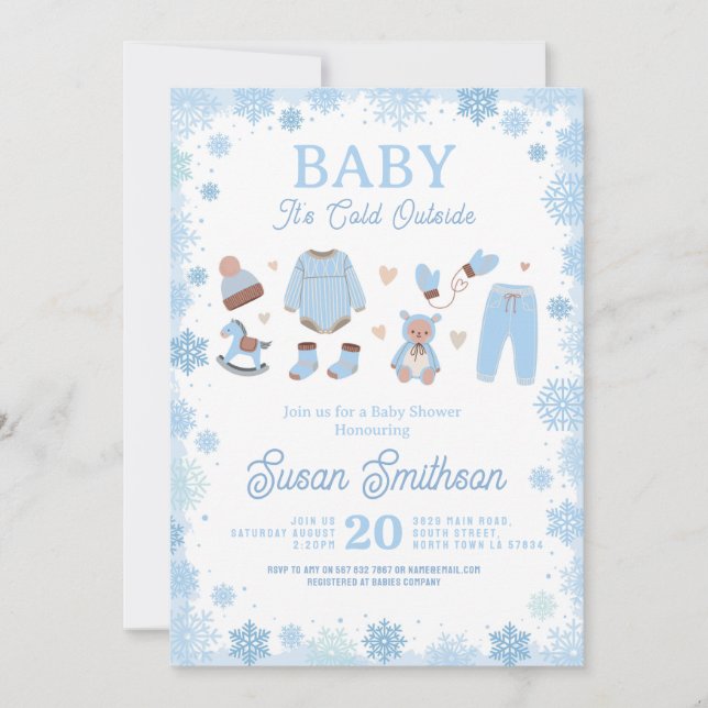 Baby Det är Kallet utanför Shower Blue Boys Winter Inbjudningar (Framsida)