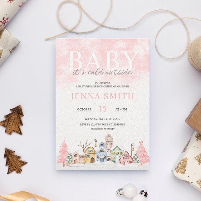 Baby Det är Kallet utanför Winter Wonderland Showe Inbjudningar (Pink Winter Wonderland Baby Shower Invitation | Baby it's cold outside Girl's Christmas Baby Shower)