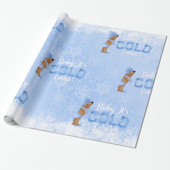 Baby Det Är Kallt Snöflinga Blå Etnisk Pojke Dusch Presentpapper (Utrullad)