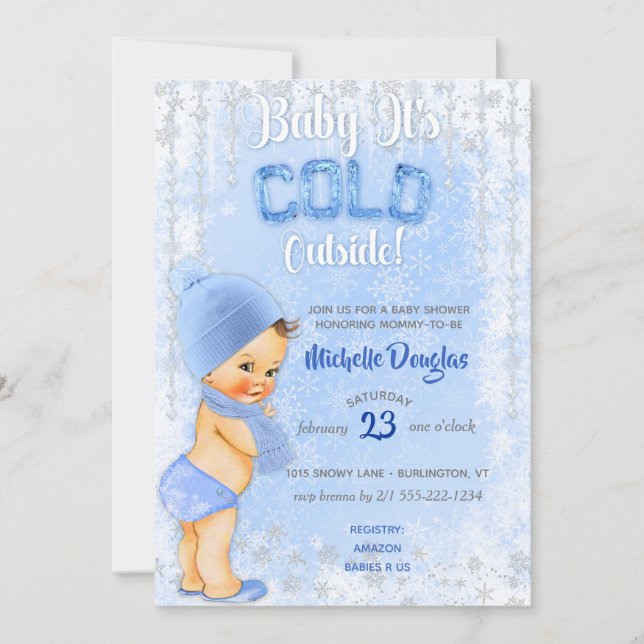 Baby Det Är Kallt Snöflinga Isblå Pojke Dusch Inbjudningar (Framsida)