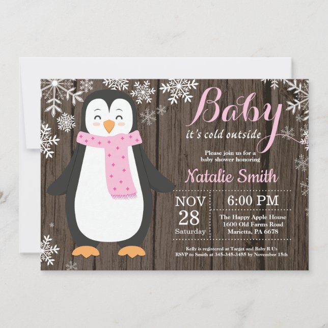Baby det är kallt ute Rustic Penguin Babyfirande Inbjudningar (Framsida)