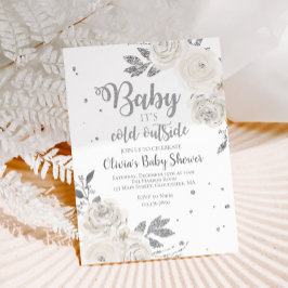 Baby det är kallt ute Silver Blommig Baby Shower Inbjudningar