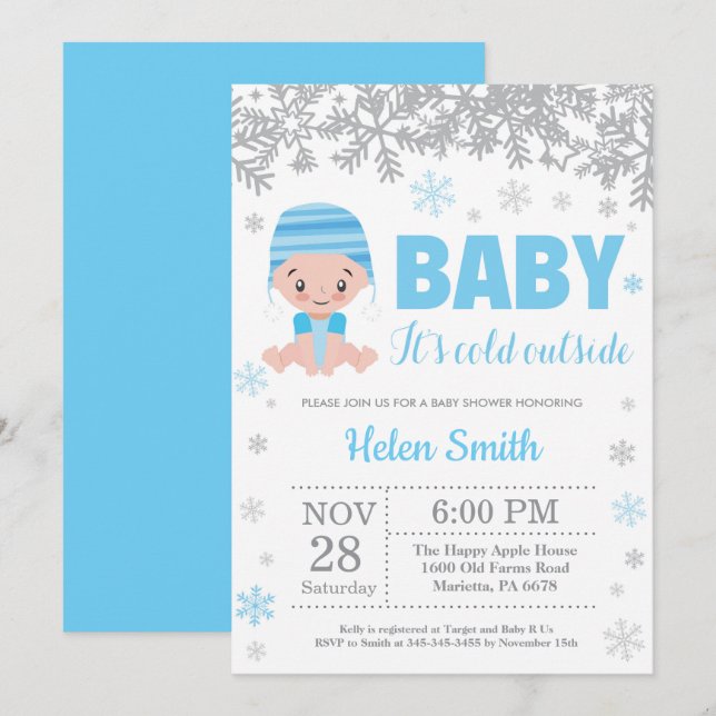 Baby det är kallt ute Vinter Blå Pojke Baby Shower Inbjudningar (Fram/baksida)
