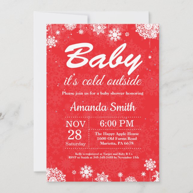Baby det är kallt ute vinter röda baby shower inbjudningar (Framsida)