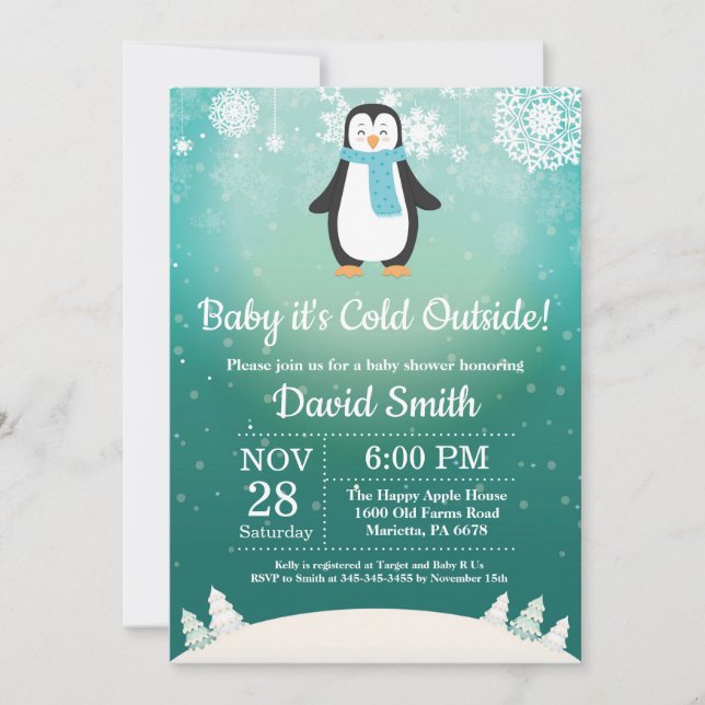Baby det är kallt ute vinterpingvin baby shower inbjudningar (Framsida)