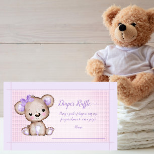 Baby Diaper Raffle Cute Lila Bear Girl Shower Tilläggskort