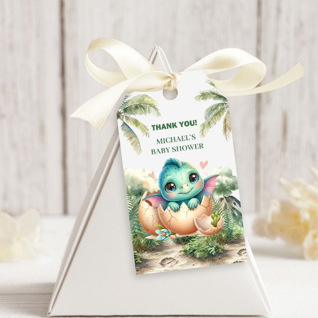 Baby Dino Ägg Kläcks Snart Duschpresentkort Presentetikett (Baby Dino Egg Hatching Soon Shower Gift Tags)