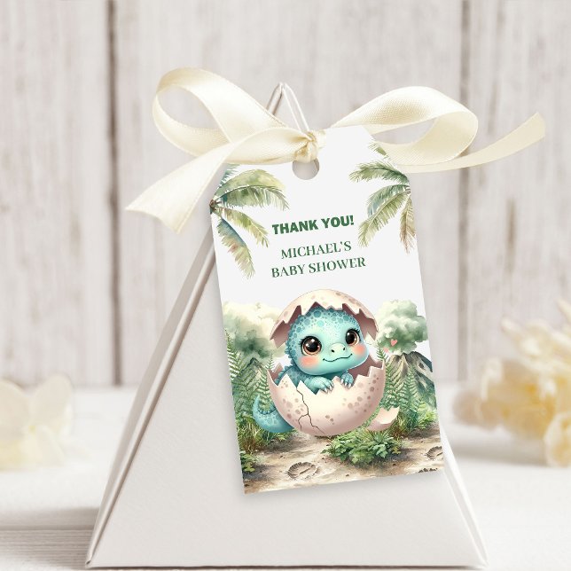 Baby Dino Bo ägg kläcks snart Duschpresentkort Presentetikett (Baby Dino Nest Hatching Soon Shower Gift Tags)