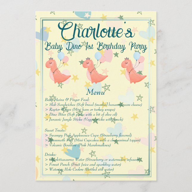 Baby Dino Födelsedagsfest Meny (Framsida)