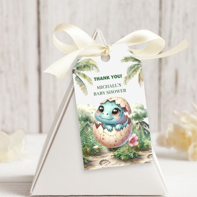 Baby Dino Hatch Kläcks Snart Duschpresentkort Presentetikett (Baby Dino Hatch Hatching Soon Shower Gift Tags)