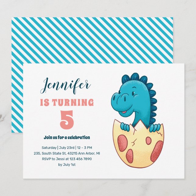 Baby Dino Hatching Egg Cute Kids Dinosaur Birthday Inbjudningar (Fram/baksida)