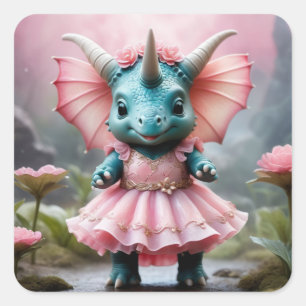 Baby Dino i Rosa Dress Fyrkantigt Klistermärke