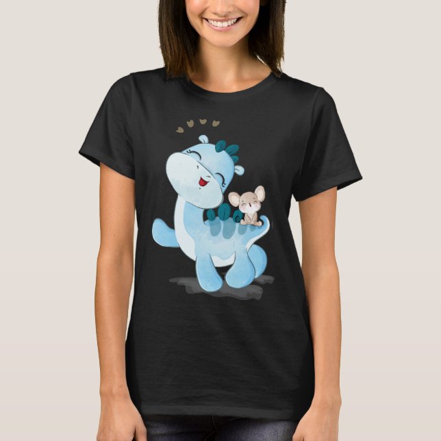 Baby Dino & Mouse Who Go A Happy Way Together T Shirt (Framsida)