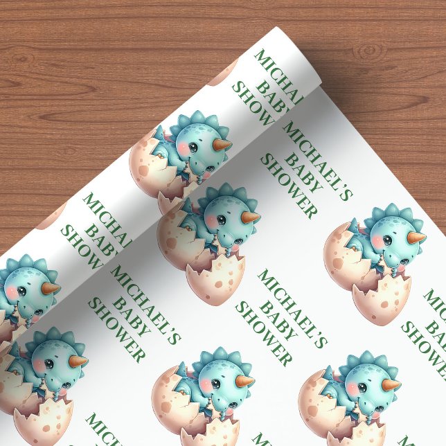 Baby Dino Pojke Dusch Inpackningspapper Kläcks Sna Presentpapper (Baby Dino Boy Shower Wrapping Paper Hatching Soon)