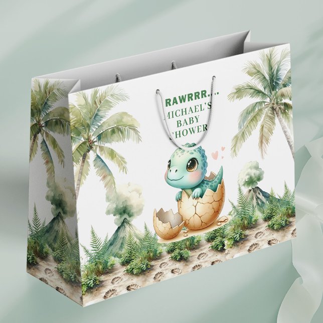 Baby Dino Pojke Presentationspåse Kläcks Snart (Baby Dino Boy Shower Gift Bag Hatching Soon)