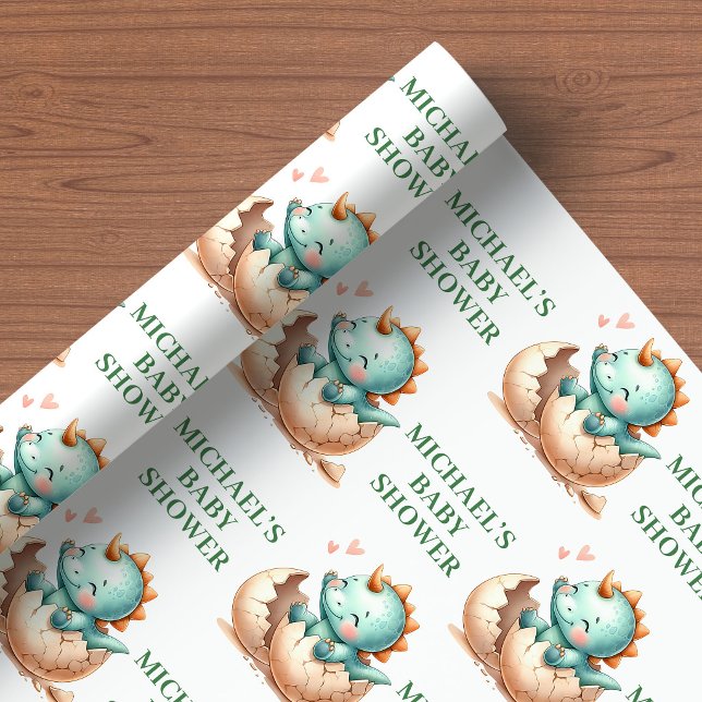Baby Dino presentpapper med designen "Klar att klä (Baby Dino Gift Wrap with Hatching Soon Design)