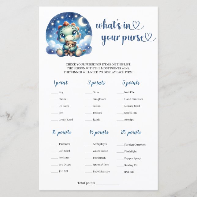 Baby dino vid startnatten Vad är i din handväska? (Framsida)