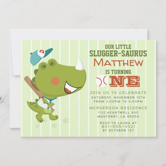 Baby Dinosaur Baseball Théen 1:a födelsedagen Part Inbjudningar (Framsida)