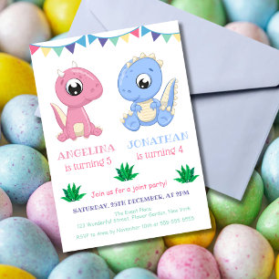 Baby Dinosaur Boy and Girl Joint Birthday Inbjudningar