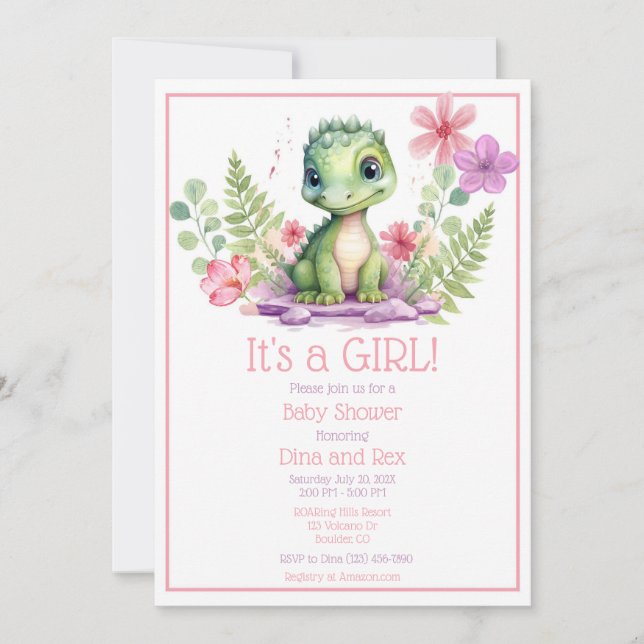 Baby Dinosaur Girl Flowers Inbjudningar (Framsida)