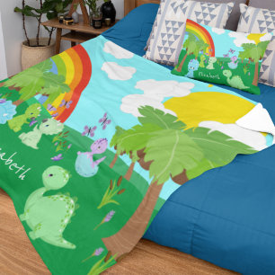 Baby-dinosaurier med fjärilar, regnbåge och Sol Fleecefilt