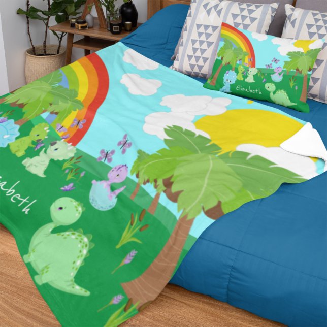 Baby-dinosaurier med fjärilar, regnbåge och Sol Fleecefilt (Skapare uppladdad)